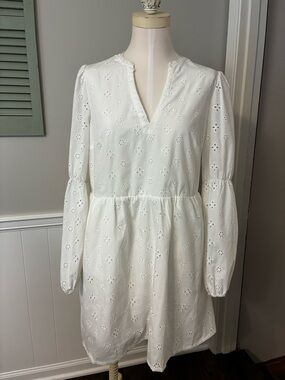 H&M White Eyelet V-Neck Long Sleeve Mini Dress